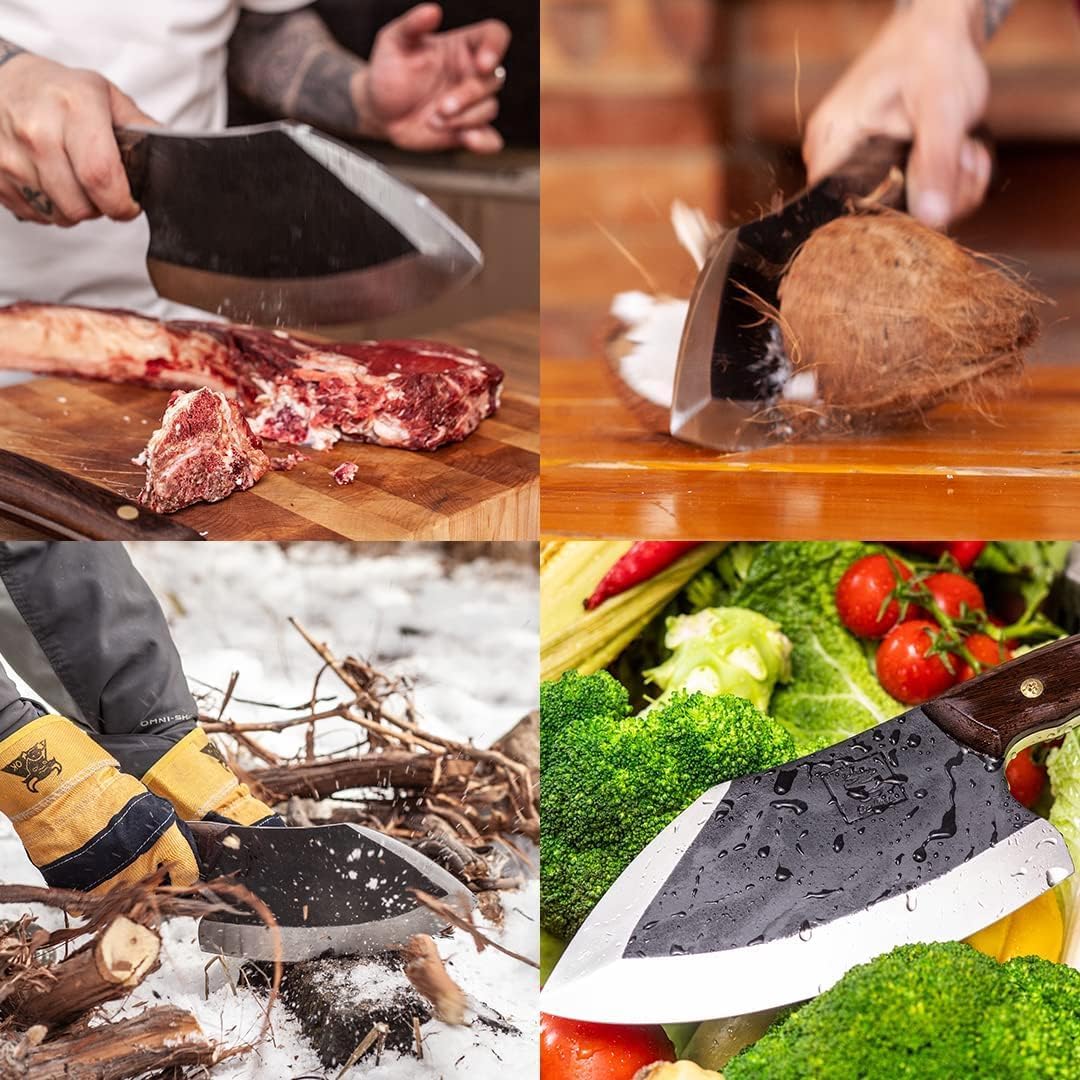 Daozi 8" Butcher Knife, Hand-Forged High-Carbon Cleaver | Heavy-duty meat cutting, slicing, chopping, brisket & BBQ. Full tang forged blade with ergonomic wood handle.