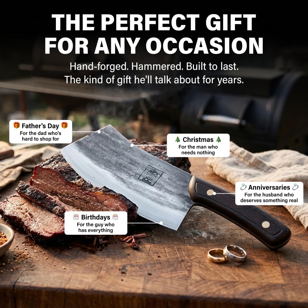 Daozi 8" Butcher Knife, Hand-Forged High-Carbon Cleaver | Heavy-duty meat cutting, slicing, chopping, brisket & BBQ. Full tang forged blade with ergonomic wood handle.