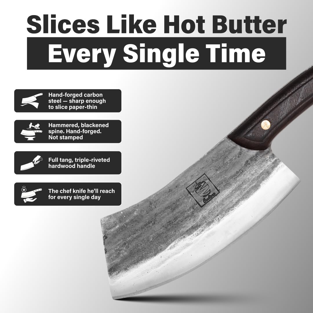 Daozi 8" Butcher Knife, Hand-Forged High-Carbon Cleaver | Heavy-duty meat cutting, slicing, chopping, brisket & BBQ. Full tang forged blade with ergonomic wood handle.