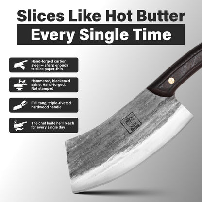 Daozi 8" Butcher Knife, Hand-Forged High-Carbon Cleaver | Heavy-duty meat cutting, slicing, chopping, brisket & BBQ. Full tang forged blade with ergonomic wood handle.