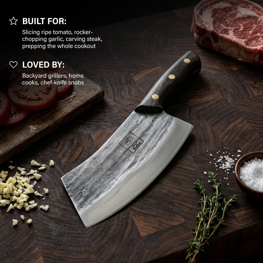 Daozi 8" Butcher Knife, Hand-Forged High-Carbon Cleaver | Heavy-duty meat cutting, slicing, chopping, brisket & BBQ. Full tang forged blade with ergonomic wood handle.