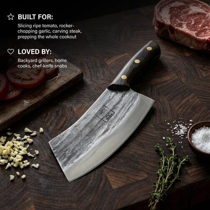 Daozi 8" Butcher Knife, Hand-Forged High-Carbon Cleaver | Heavy-duty meat cutting, slicing, chopping, brisket & BBQ. Full tang forged blade with ergonomic wood handle.