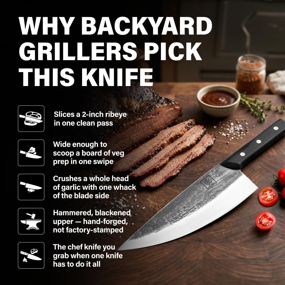 Daozi 8" Butcher Knife, Hand-Forged High-Carbon Cleaver | Heavy-duty meat cutting, slicing, chopping, brisket & BBQ. Full tang forged blade with ergonomic wood handle.