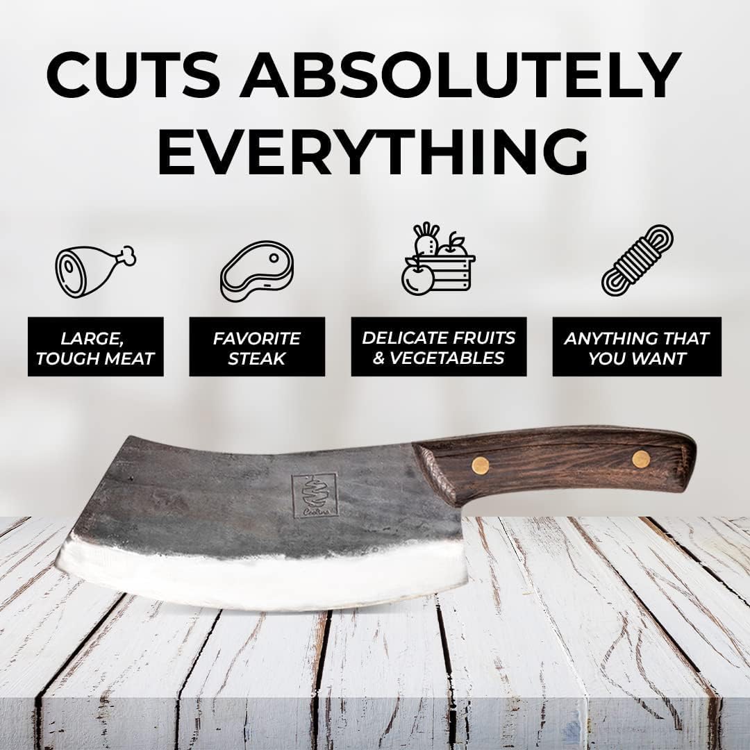 Daozi 8" Butcher Knife, Hand-Forged High-Carbon Cleaver | Heavy-duty meat cutting, slicing, chopping, brisket & BBQ. Full tang forged blade with ergonomic wood handle.