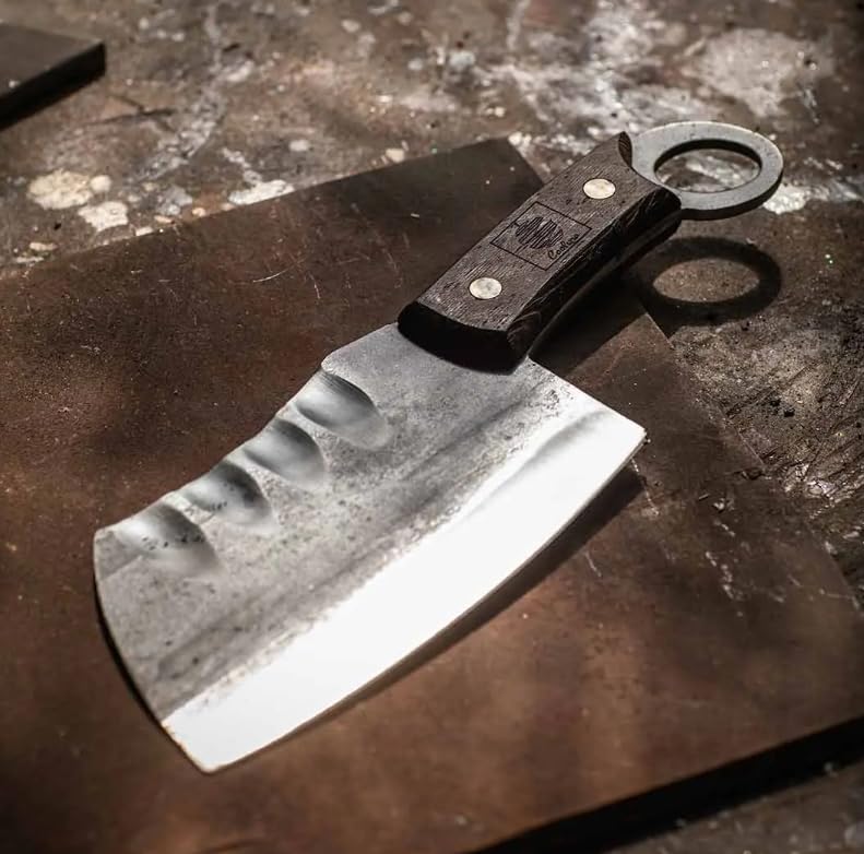Daozi 8" Butcher Knife, Hand-Forged High-Carbon Cleaver | Heavy-duty meat cutting, slicing, chopping, brisket & BBQ. Full tang forged blade with ergonomic wood handle.