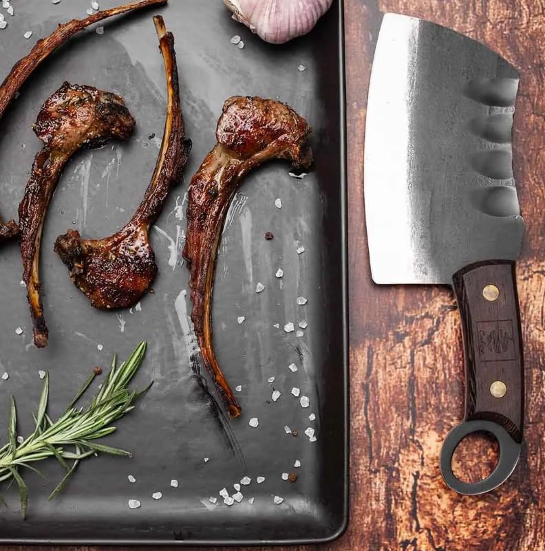 Daozi 8" Butcher Knife, Hand-Forged High-Carbon Cleaver | Heavy-duty meat cutting, slicing, chopping, brisket & BBQ. Full tang forged blade with ergonomic wood handle.