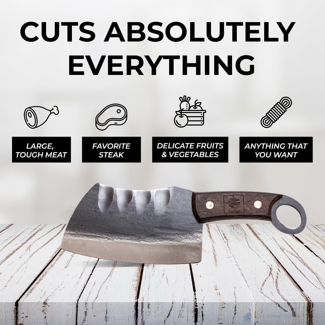 Daozi 8" Butcher Knife, Hand-Forged High-Carbon Cleaver | Heavy-duty meat cutting, slicing, chopping, brisket & BBQ. Full tang forged blade with ergonomic wood handle.