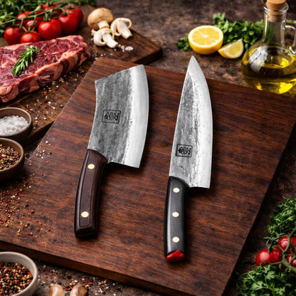 Daozi 8" Butcher Knife, Hand-Forged High-Carbon Cleaver | Heavy-duty meat cutting, slicing, chopping, brisket & BBQ. Full tang forged blade with ergonomic wood handle.