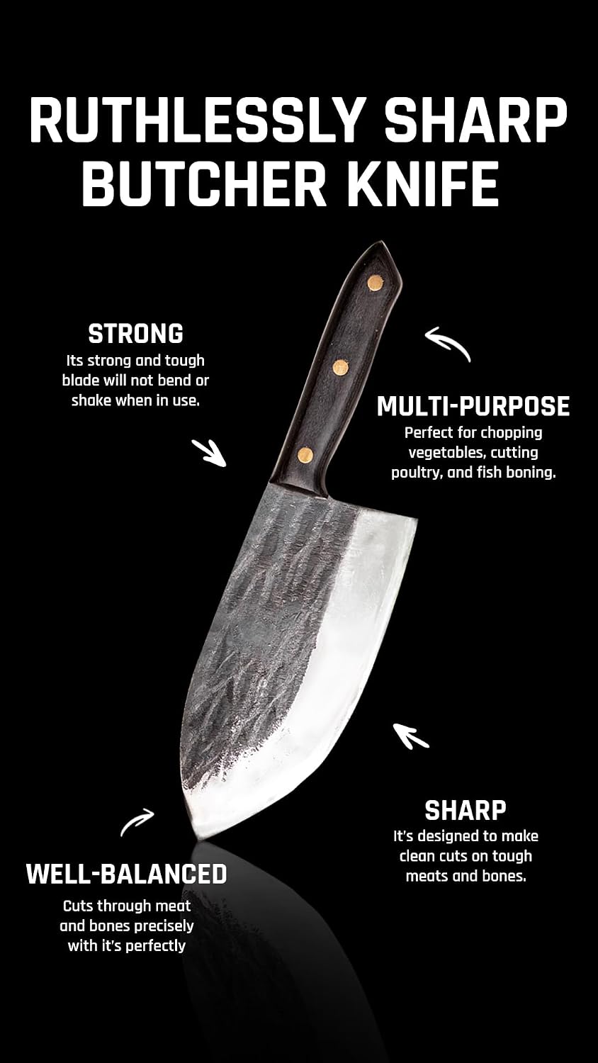 Daozi 8" Butcher Knife, Hand-Forged High-Carbon Cleaver | Heavy-duty meat cutting, slicing, chopping, brisket & BBQ. Full tang forged blade with ergonomic wood handle.