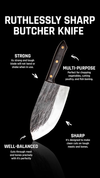 Daozi 8" Butcher Knife, Hand-Forged High-Carbon Cleaver | Heavy-duty meat cutting, slicing, chopping, brisket & BBQ. Full tang forged blade with ergonomic wood handle.