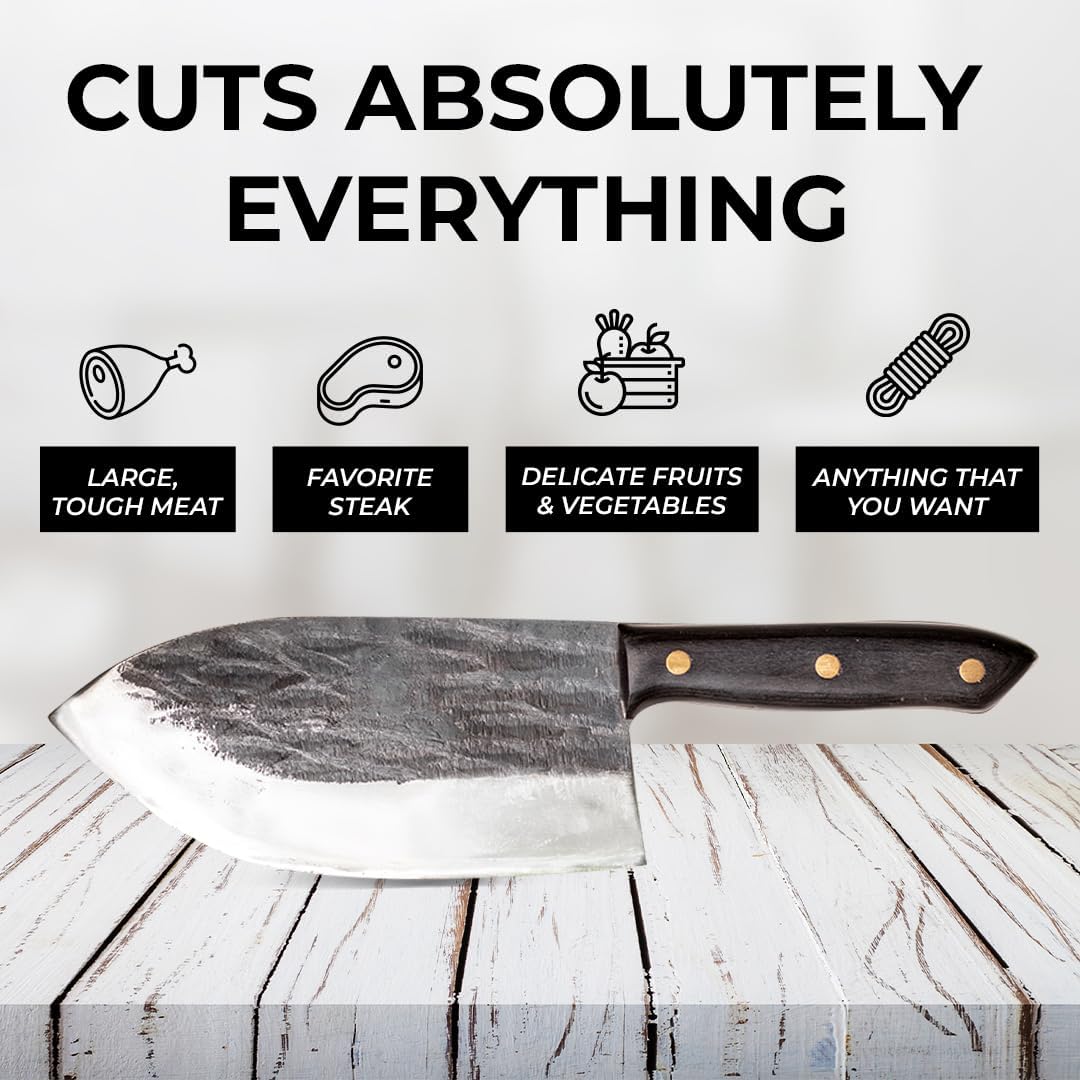 Daozi 8" Butcher Knife, Hand-Forged High-Carbon Cleaver | Heavy-duty meat cutting, slicing, chopping, brisket & BBQ. Full tang forged blade with ergonomic wood handle.