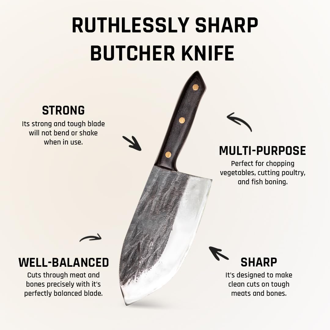 Daozi 8" Butcher Knife, Hand-Forged High-Carbon Cleaver | Heavy-duty meat cutting, slicing, chopping, brisket & BBQ. Full tang forged blade with ergonomic wood handle.