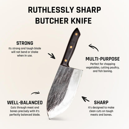 Daozi 8" Butcher Knife, Hand-Forged High-Carbon Cleaver | Heavy-duty meat cutting, slicing, chopping, brisket & BBQ. Full tang forged blade with ergonomic wood handle.