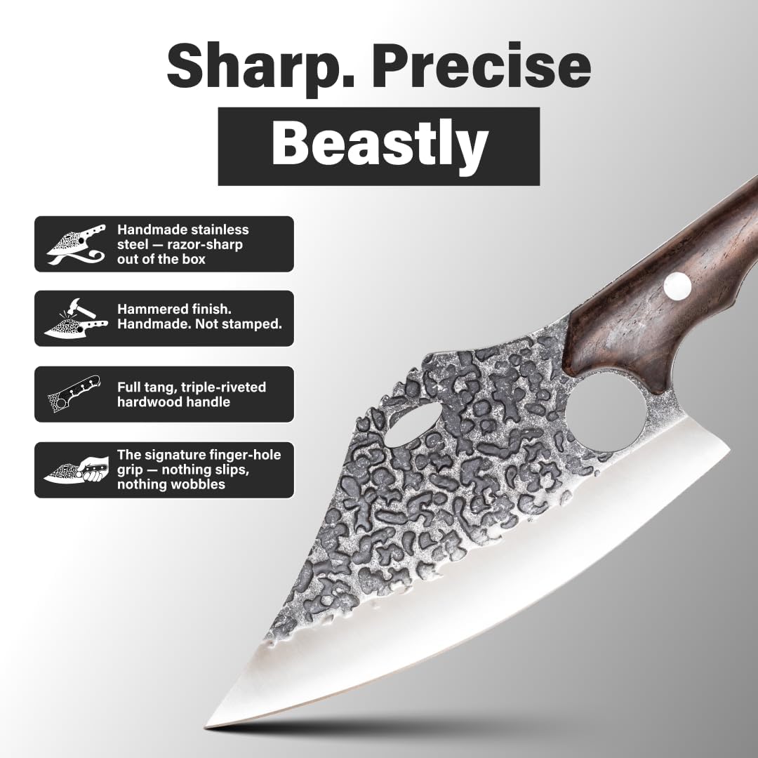 Daozi 8" Butcher Knife, Hand-Forged High-Carbon Cleaver | Heavy-duty meat cutting, slicing, chopping, brisket & BBQ. Full tang forged blade with ergonomic wood handle.