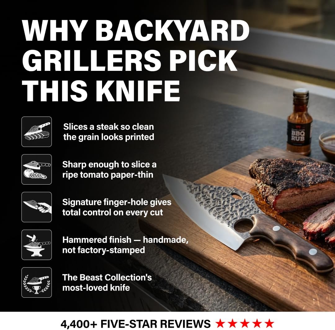 Daozi 8" Butcher Knife, Hand-Forged High-Carbon Cleaver | Heavy-duty meat cutting, slicing, chopping, brisket & BBQ. Full tang forged blade with ergonomic wood handle.