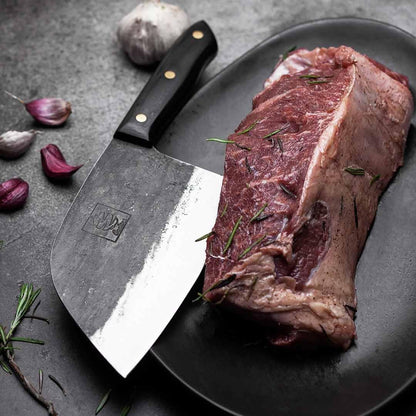 Daozi 8" Butcher Knife, Hand-Forged High-Carbon Cleaver | Heavy-duty meat cutting, slicing, chopping, brisket & BBQ. Full tang forged blade with ergonomic wood handle.