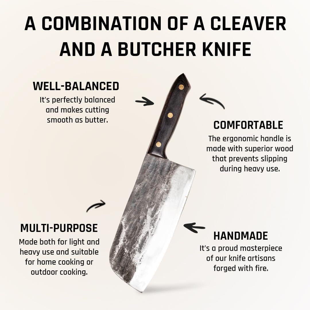 Daozi 8" Butcher Knife, Hand-Forged High-Carbon Cleaver | Heavy-duty meat cutting, slicing, chopping, brisket & BBQ. Full tang forged blade with ergonomic wood handle.