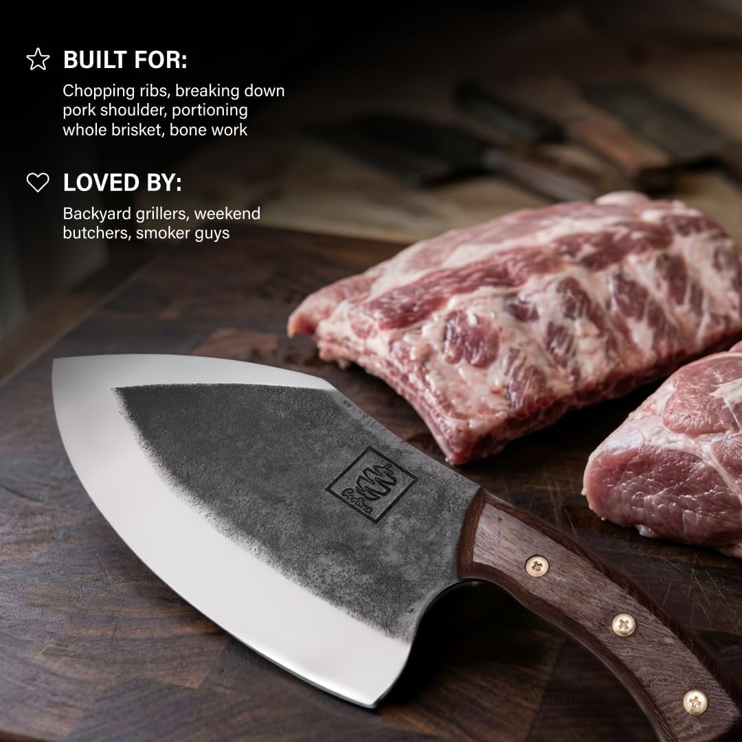 Daozi 8" Butcher Knife, Hand-Forged High-Carbon Cleaver | Heavy-duty meat cutting, slicing, chopping, brisket & BBQ. Full tang forged blade with ergonomic wood handle.
