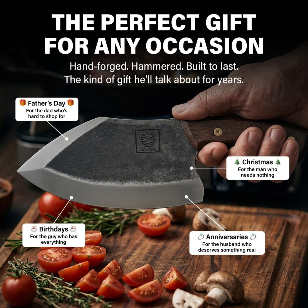 Daozi 8" Butcher Knife, Hand-Forged High-Carbon Cleaver | Heavy-duty meat cutting, slicing, chopping, brisket & BBQ. Full tang forged blade with ergonomic wood handle.
