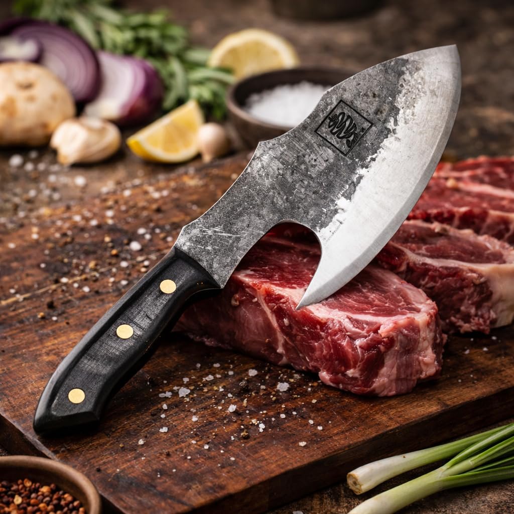 Daozi 8" Butcher Knife, Hand-Forged High-Carbon Cleaver | Heavy-duty meat cutting, slicing, chopping, brisket & BBQ. Full tang forged blade with ergonomic wood handle.