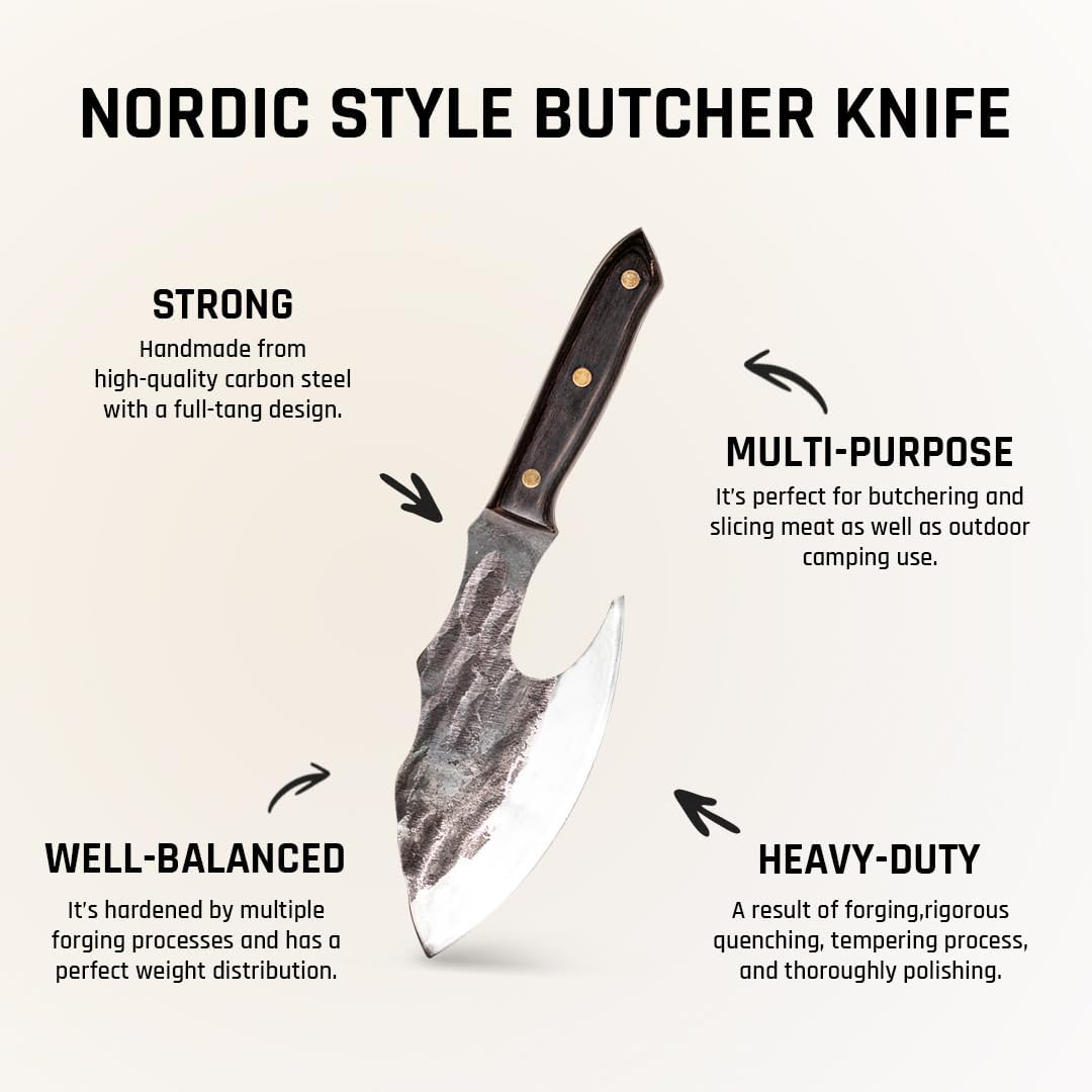 Daozi 8" Butcher Knife, Hand-Forged High-Carbon Cleaver | Heavy-duty meat cutting, slicing, chopping, brisket & BBQ. Full tang forged blade with ergonomic wood handle.