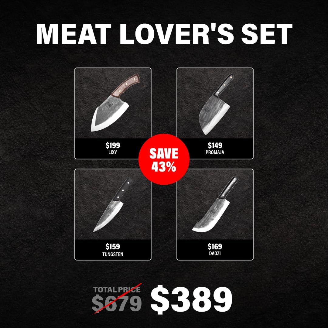 Daozi 8" Butcher Knife, Hand-Forged High-Carbon Cleaver | Heavy-duty meat cutting, slicing, chopping, brisket & BBQ. Full tang forged blade with ergonomic wood handle.