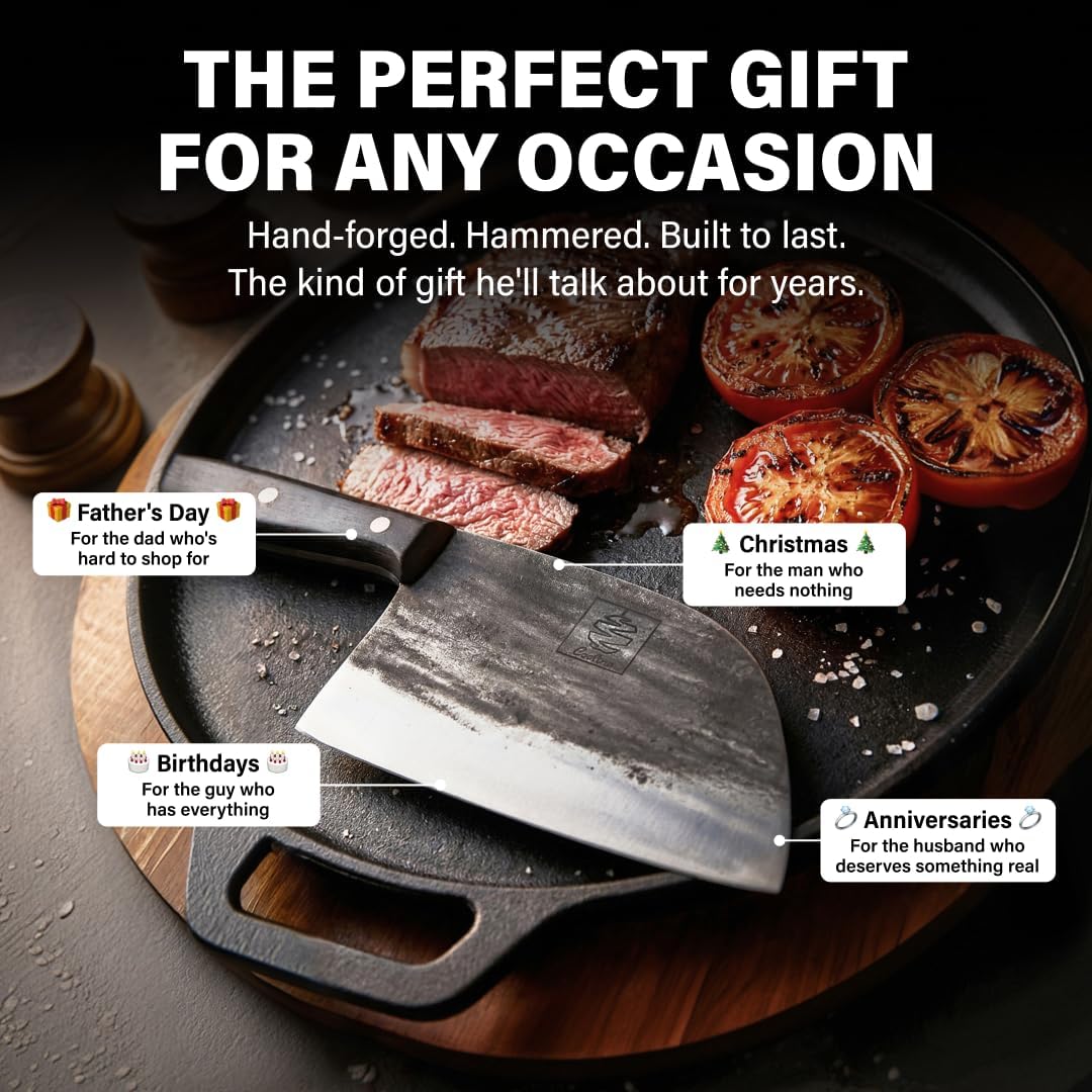 Daozi 8" Butcher Knife, Hand-Forged High-Carbon Cleaver | Heavy-duty meat cutting, slicing, chopping, brisket & BBQ. Full tang forged blade with ergonomic wood handle.