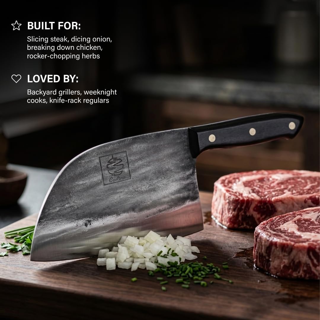 Daozi 8" Butcher Knife, Hand-Forged High-Carbon Cleaver | Heavy-duty meat cutting, slicing, chopping, brisket & BBQ. Full tang forged blade with ergonomic wood handle.
