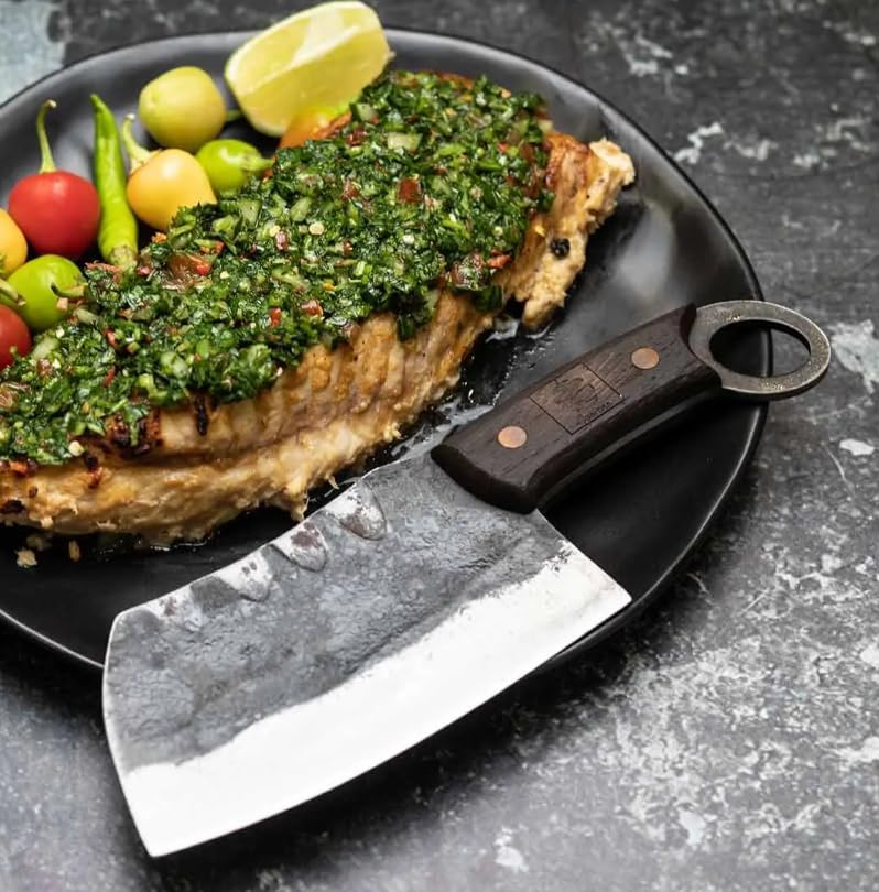 Daozi 8" Butcher Knife, Hand-Forged High-Carbon Cleaver | Heavy-duty meat cutting, slicing, chopping, brisket & BBQ. Full tang forged blade with ergonomic wood handle.