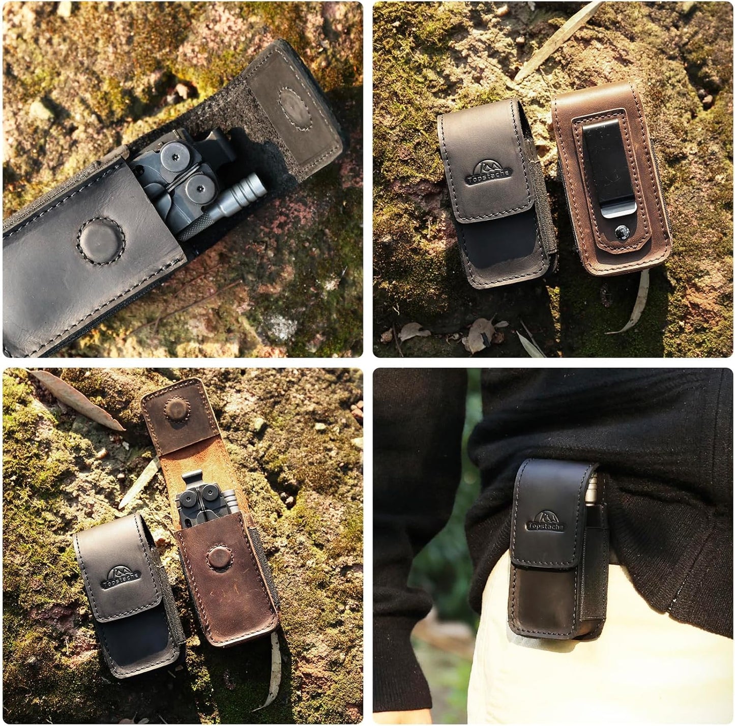 Multitool Sheath with Belt Clip - EDC Belt Organizer Multi Tool Case - Leather Multitool Holster for Belt - Magnetic Closure Leather Multitool Pouch Fits Folding Tool, Black