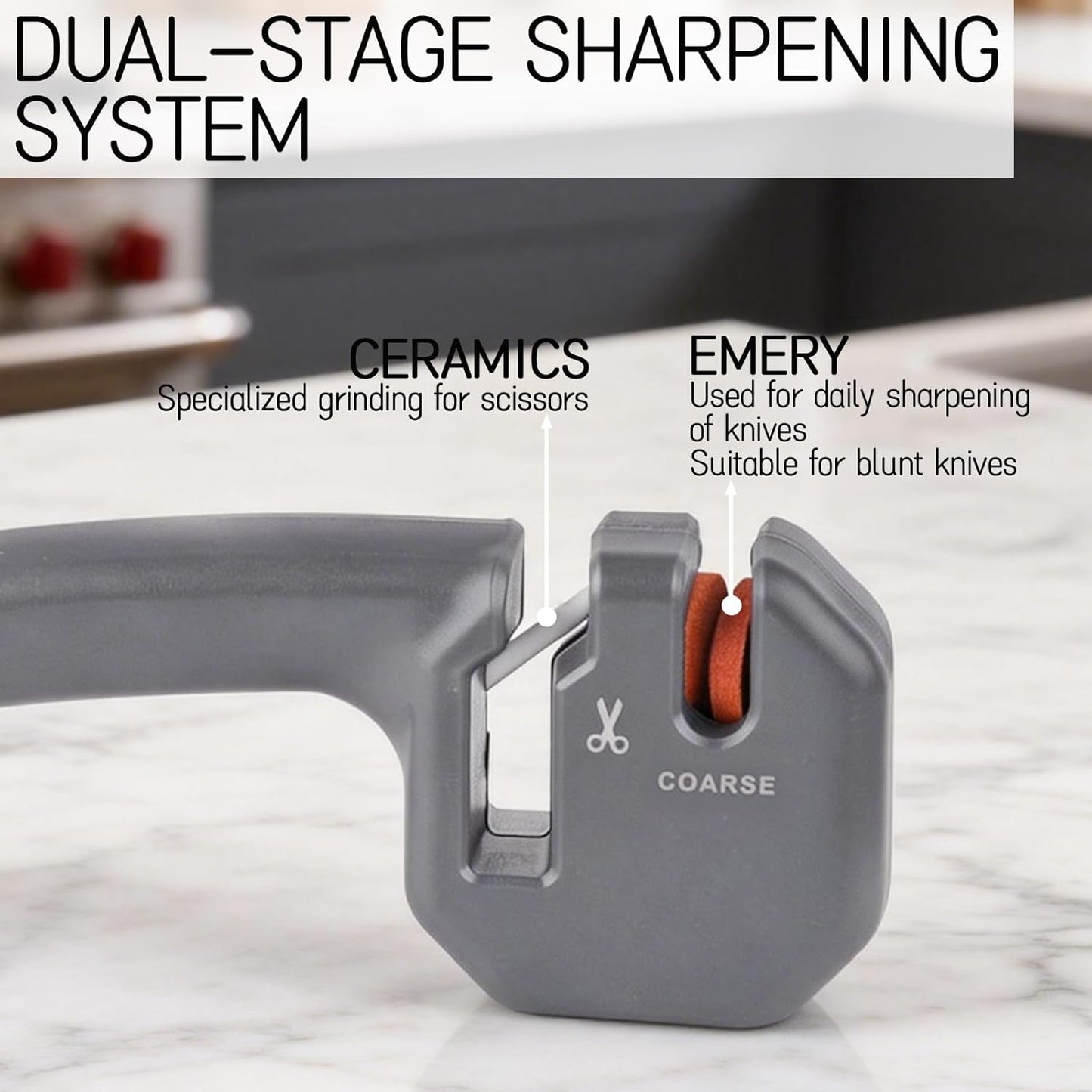 Pull-Through Knife Sharpener with 2 Stages - Coarse and Fine Sharpening Tool for Kitchen Knives, Scissors - Multi-Functional Manual Handheld with Non-Slip Base (Grey)