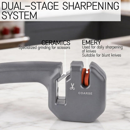 Pull-Through Knife Sharpener with 2 Stages - Coarse and Fine Sharpening Tool for Kitchen Knives, Scissors - Multi-Functional Manual Handheld with Non-Slip Base (Grey)