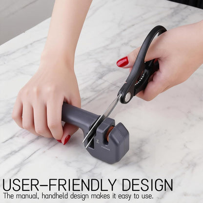 Pull-Through Knife Sharpener with 2 Stages - Coarse and Fine Sharpening Tool for Kitchen Knives, Scissors - Multi-Functional Manual Handheld with Non-Slip Base (Grey)