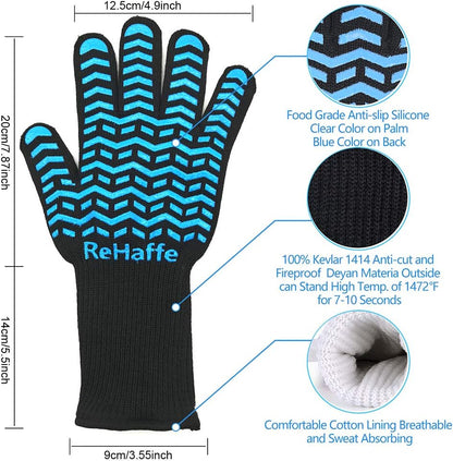 BBQ Outdoor Grill Gloves Kitchen Ove Mitts | 1472 F High Temp Resistance, Non-Slip, Comfort, Extra Long, with Rope