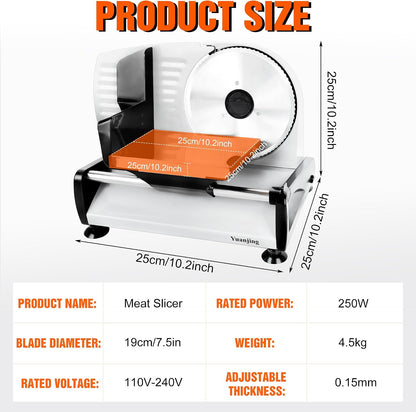 Meat Slicer 200W Electric Deli Food Slicer with 2 Removable 7.5" Stainless Steel Blade, Adjustable Thickness for Home Use, Child Lock Protection, Easy to Clean, Cuts Meat, Bread and Cheese