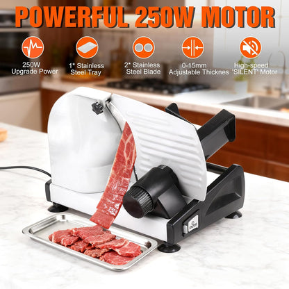 Meat Slicer 200W Electric Deli Food Slicer with 2 Removable 7.5" Stainless Steel Blade, Adjustable Thickness for Home Use, Child Lock Protection, Easy to Clean, Cuts Meat, Bread and Cheese