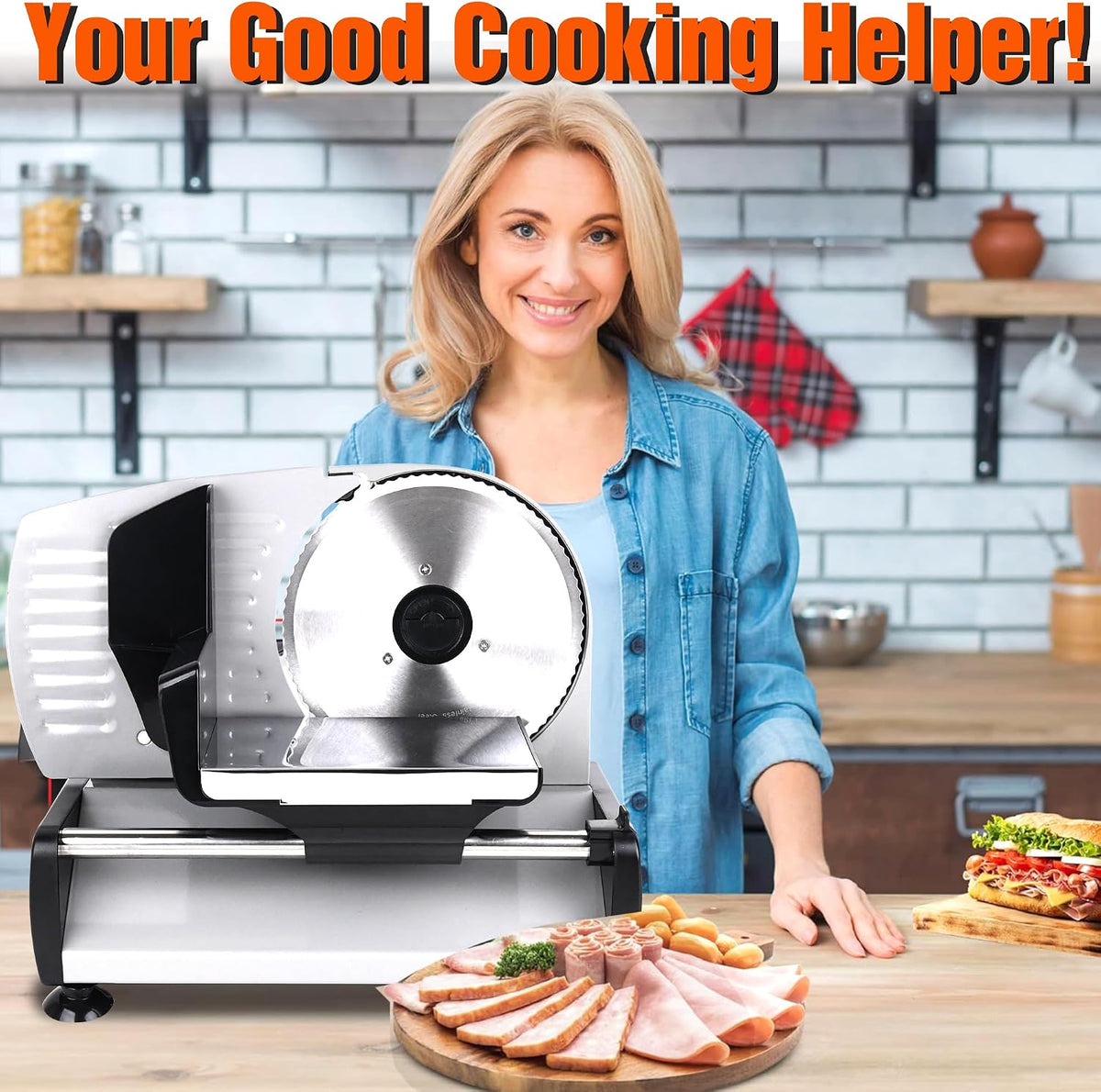 Meat Slicer 200W Electric Deli Food Slicer with 2 Removable 7.5" Stainless Steel Blade, Adjustable Thickness for Home Use, Child Lock Protection, Easy to Clean, Cuts Meat, Bread and Cheese