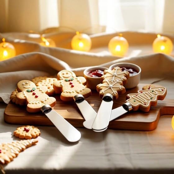 Sugar Cookie Themed Cheese Spreaders, Hand-Painted Resin Handles with Stainless Steel Blades for Spreading Cream Cheese, Butter, and Jam, Assorted Designs, Set of 4