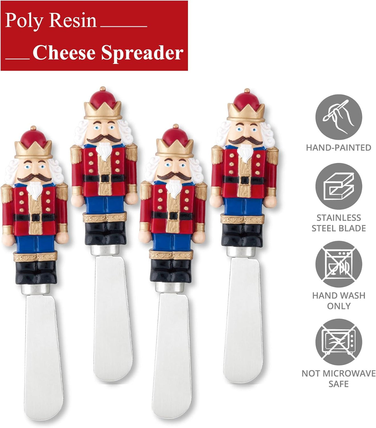 Sugar Cookie Themed Cheese Spreaders, Hand-Painted Resin Handles with Stainless Steel Blades for Spreading Cream Cheese, Butter, and Jam, Assorted Designs, Set of 4