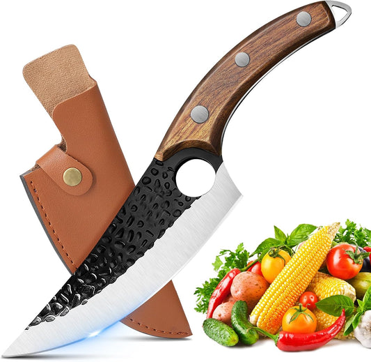 7" Chef Knife, Hand Forged Butcher Knives with Sheath, High Carbon Steel Japanese Knife Meat Cleaver Knife for Kitchen Meat Cutting, Viking Style Knives for Camping, Hunting, BBQ, Gifts for Men