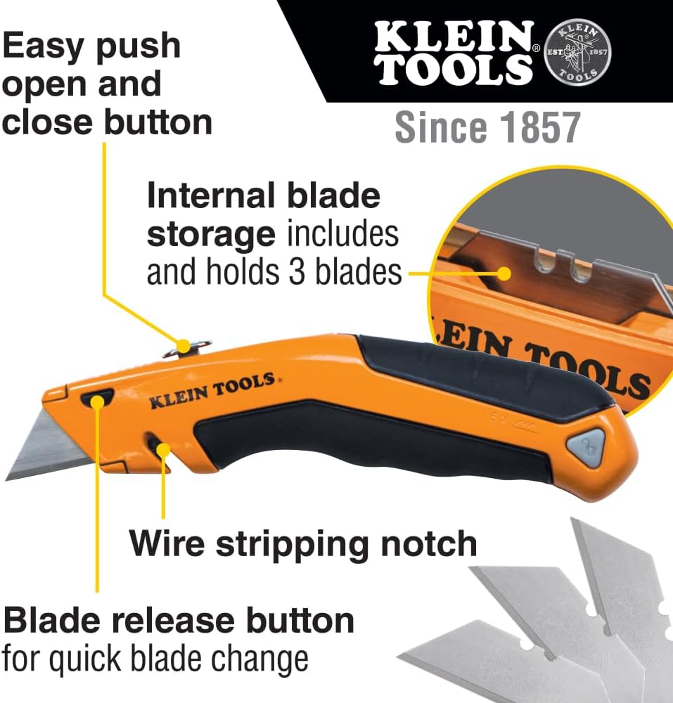 44133 Heavy Duty Utility Knife, Retractable, Adjustable, with Wire Stripper, Klein-Kurve Handle