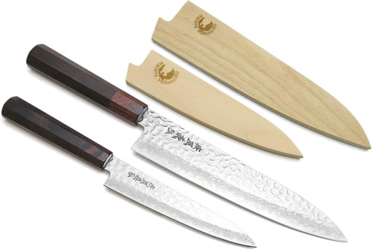 Yoshihiro 46 Layers Hammered Damascus Gyuto Chef Knife and Petty Utility Knife SET (Gyuto 8.25'' (210mm) & Petty 6'' (150mm), Rosewood Handle)