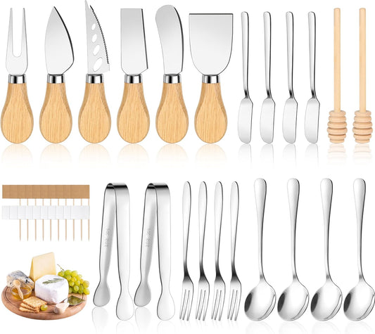 Charcuterie Board Accessories, 23 Pieces Silver Stainless Steel Cheese Knife Set with Wooden Handle for Charcuterie Utensils, Mini Serving Tongs Spreaders Spoons Forks Honey Dippers and Flags