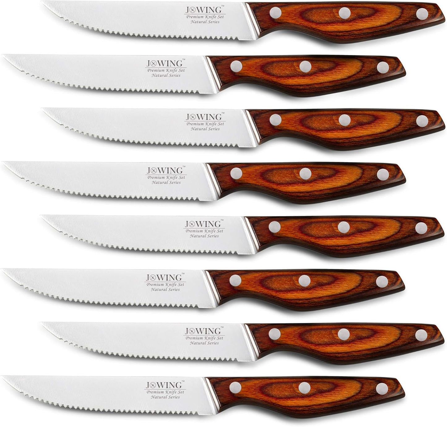 Steak Knives Set of 8, Serrated German Steel, Pakkawood Handles | 4.7-inch Serrated High-carbon Stainless Steel Blades, Full Tang, Comfortable Grips