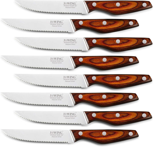 Steak Knives Set of 8, Serrated German Steel, Pakkawood Handles | 4.7-inch Serrated High-carbon Stainless Steel Blades, Full Tang, Comfortable Grips