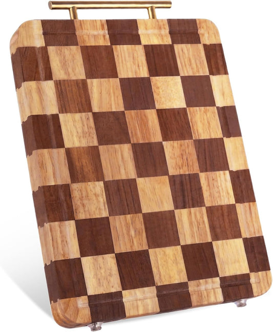 Checkered Cutting Board for Kitchen – 14.9"x 11"x 1.18" Rubber Wood Butcher Block with Juice Groove & Steel Handle, Heavy Duty Non-Slip Chopping Board for Charcuterie, Housewarming Gift