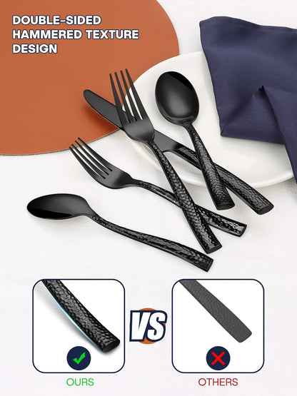 Stapava 48 Pcs Black Hammered Silverware Set with Steak Knives, Stainless Steel Flatware Set for 8, Mirror Cutlery Include Forks Spoons and Knives Set for Home Hotel, Dishwasher Safe Utensils