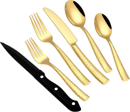 Stapava 48 Pcs Black Hammered Silverware Set with Steak Knives, Stainless Steel Flatware Set for 8, Mirror Cutlery Include Forks Spoons and Knives Set for Home Hotel, Dishwasher Safe Utensils