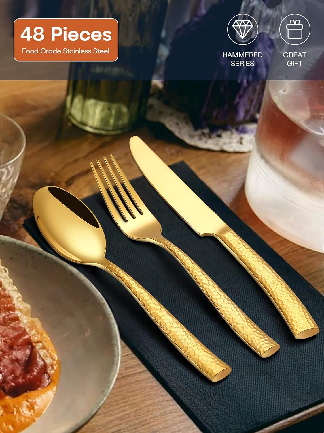 Stapava 48 Pcs Black Hammered Silverware Set with Steak Knives, Stainless Steel Flatware Set for 8, Mirror Cutlery Include Forks Spoons and Knives Set for Home Hotel, Dishwasher Safe Utensils