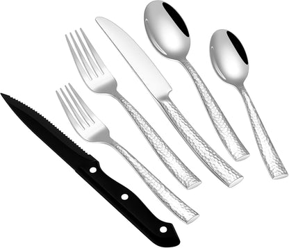 Stapava 48 Pcs Black Hammered Silverware Set with Steak Knives, Stainless Steel Flatware Set for 8, Mirror Cutlery Include Forks Spoons and Knives Set for Home Hotel, Dishwasher Safe Utensils
